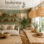 Intérieur décoré dans un style bohème avec des éléments naturels et chaleureux