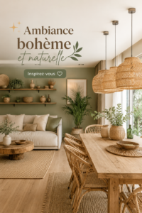 Intérieur décoré dans un style bohème avec des éléments naturels et chaleureux