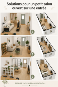 Un petit salon convivial ouvert sur une entrée, décoré avec goût