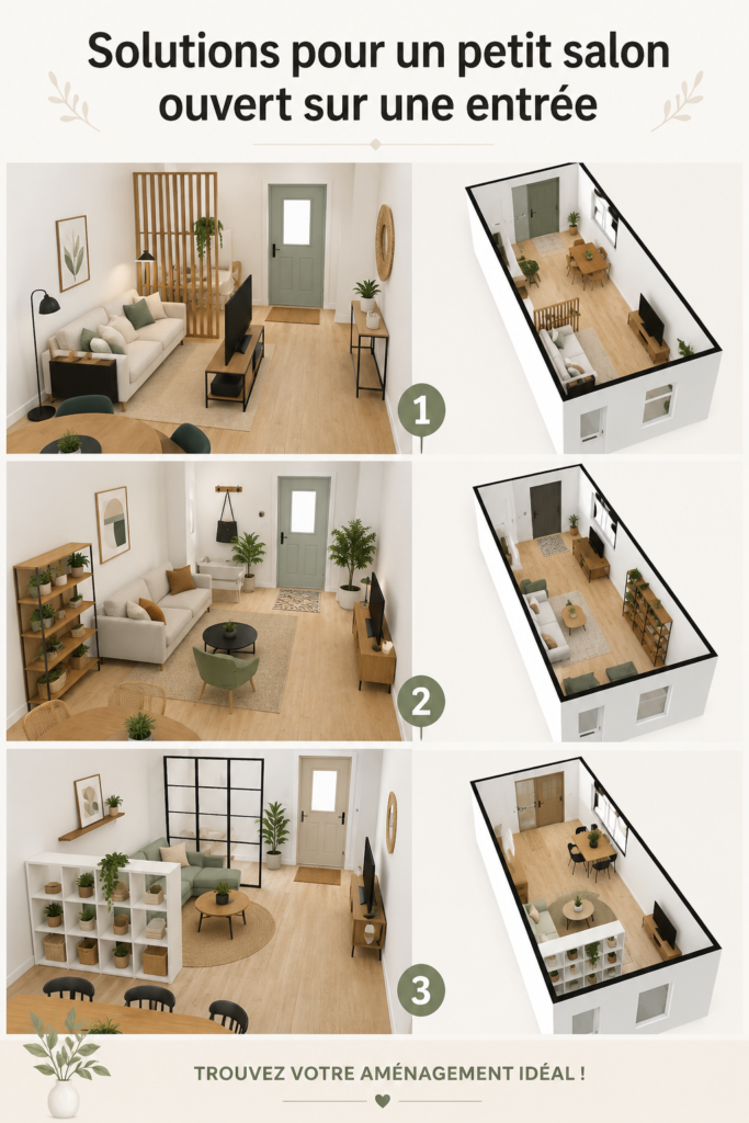 Un petit salon convivial ouvert sur une entrée, décoré avec goût
