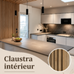 Claustra en chêne décorant un intérieur moderne, créant une séparation élégante entre deux espaces.