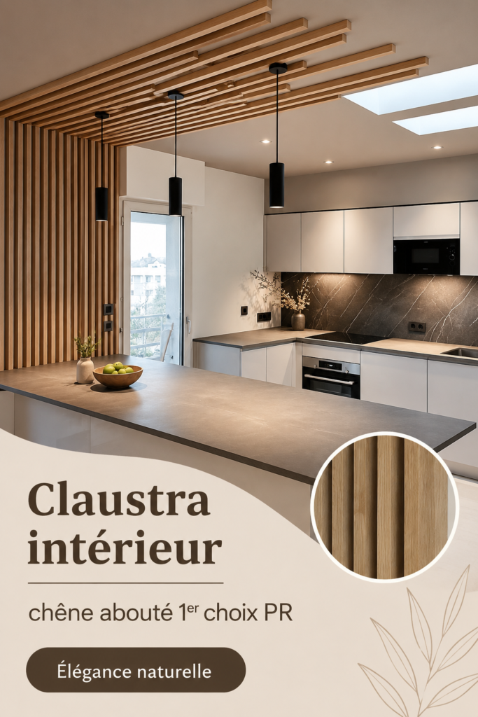 Claustra en chêne décorant un intérieur moderne, créant une séparation élégante entre deux espaces.