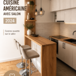 Cuisine américaine intégrée au salon moderne avec un îlot central