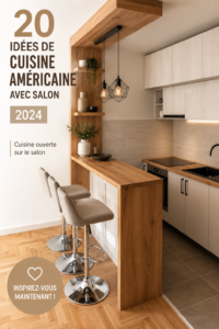 Cuisine américaine intégrée au salon moderne avec un îlot central