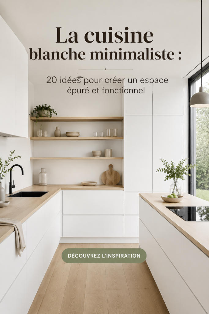 Cuisine blanche minimaliste avec îlot central élégant et rangement optimisé