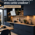 Une cuisine moderne en bleu nuit avec des accents en bois clair