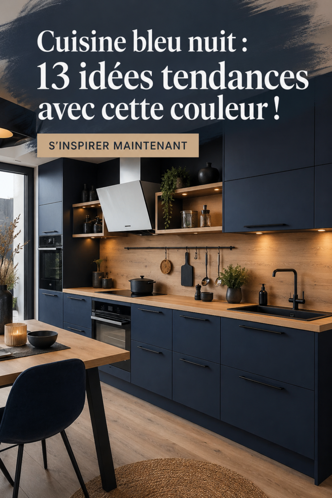 Une cuisine moderne en bleu nuit avec des accents en bois clair