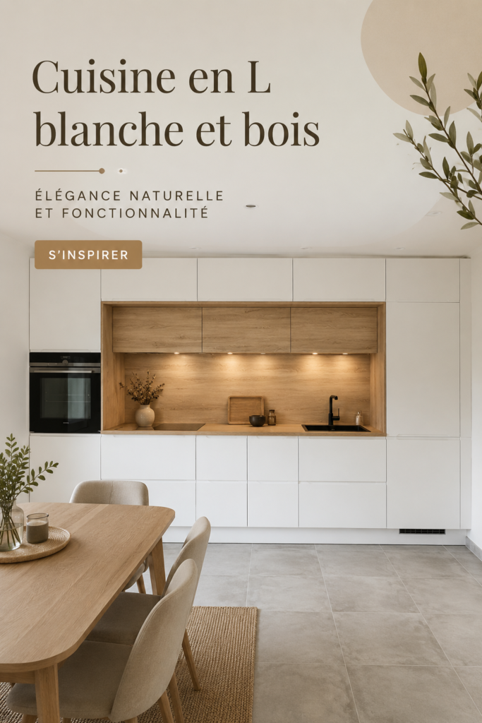 Cuisine moderne en L avec des éléments blancs et bois
