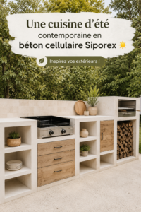 Cuisine d'été moderne en béton cellulaire, ouverte sur le jardin, avec un aménagement pratique et esthétique.