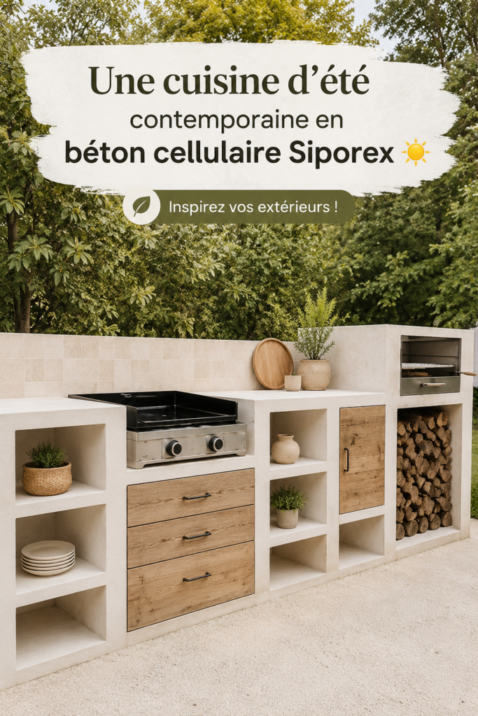 Cuisine d'été moderne en béton cellulaire, ouverte sur le jardin, avec un aménagement pratique et esthétique.