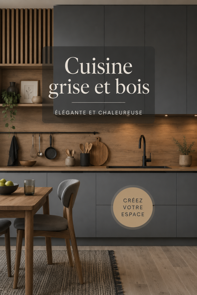 Cuisine moderne combinant des éléments gris et bois pour un look chaleureux et contemporain.
