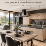 Cuisine grise moderne avec des accents en bois, créant une ambiance chaleureuse.
