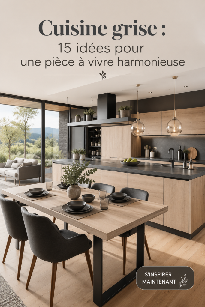 Cuisine grise moderne avec des accents en bois, créant une ambiance chaleureuse.