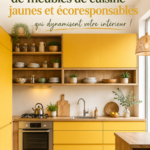 Cuisson moderne avec armoires jaunes écoresponsables