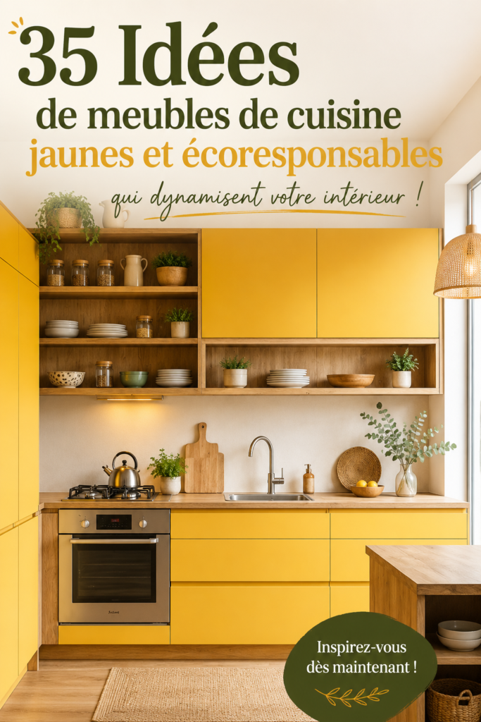 Cuisson moderne avec armoires jaunes écoresponsables