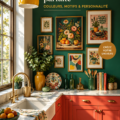 Cuisine stylée dans un style maximaliste, avec des couleurs et motifs vibrants.