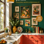 Cuisine stylée dans un style maximaliste, avec des couleurs et motifs vibrants.