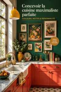 Cuisine stylée dans un style maximaliste, avec des couleurs et motifs vibrants.