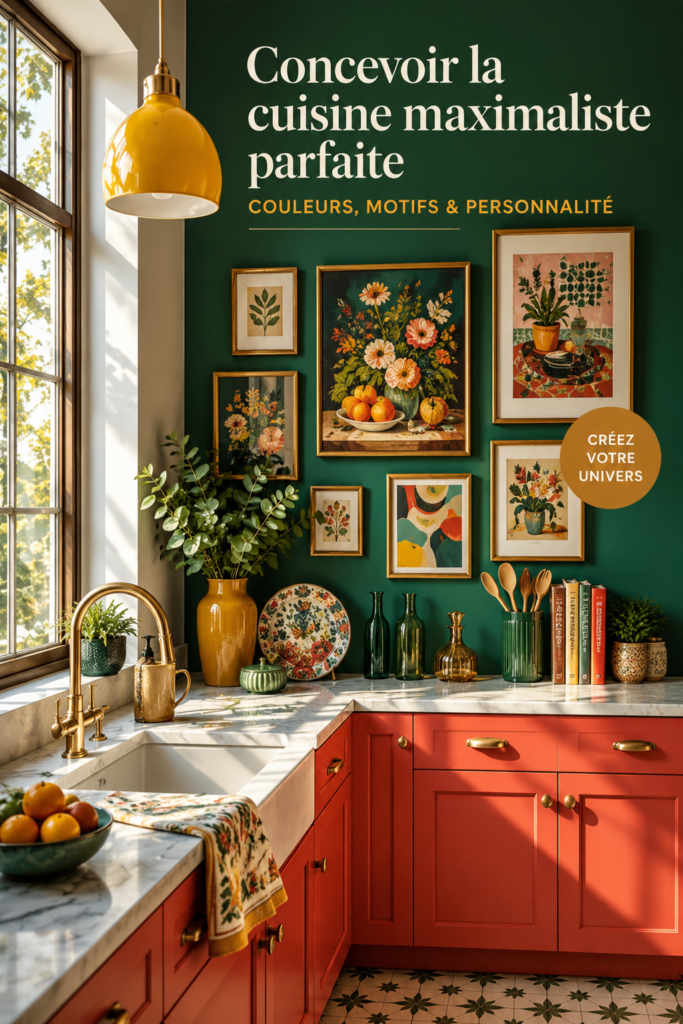 Cuisine stylée dans un style maximaliste, avec des couleurs et motifs vibrants.