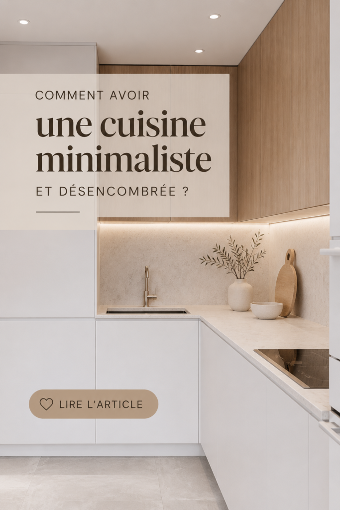 Cuisine minimaliste avec plans de travail dégagés et rangements intégrés, illustrant le désencombrement.