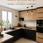 Cuisine moderne en U avec finition noire et éléments en bois