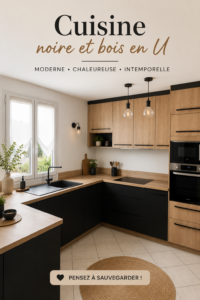 Cuisine moderne en U avec finition noire et éléments en bois