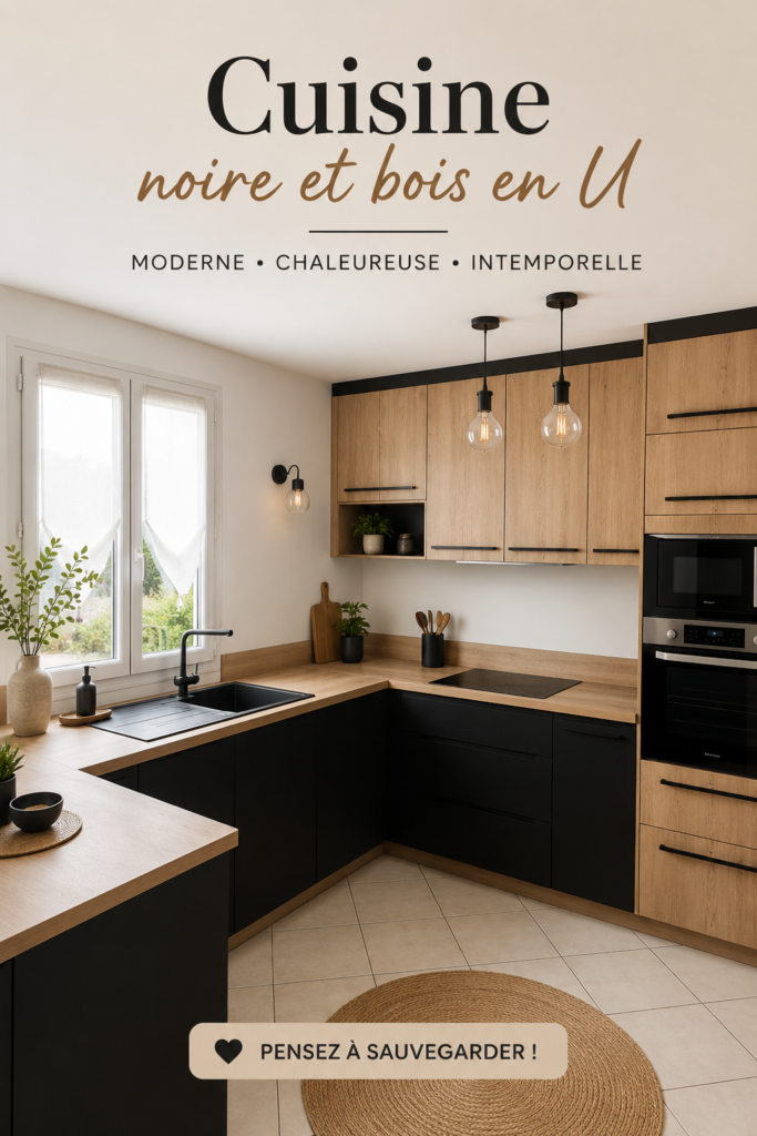 Cuisine moderne en U avec finition noire et éléments en bois