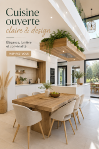 Une cuisine ouverte claire avec des éléments de design moderne, lumineux et accueillant.