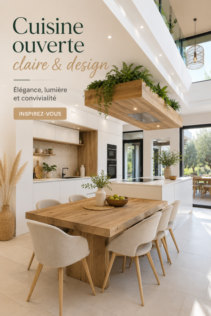 Une cuisine ouverte claire avec des éléments de design moderne, lumineux et accueillant.