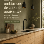 Cuisine moderne avec des éléments en bois et des accessoires verts