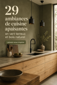 Cuisine moderne avec des éléments en bois et des accessoires verts