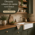 Cuisine moderne avec des armoires vert foncé et un plan de travail lumineux.