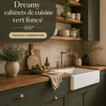 Cuisine moderne avec des armoires vert foncé et un plan de travail lumineux.
