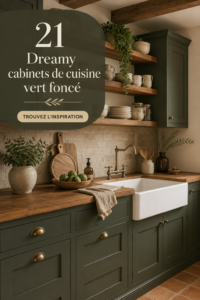 Cuisine moderne avec des armoires vert foncé et un plan de travail lumineux.