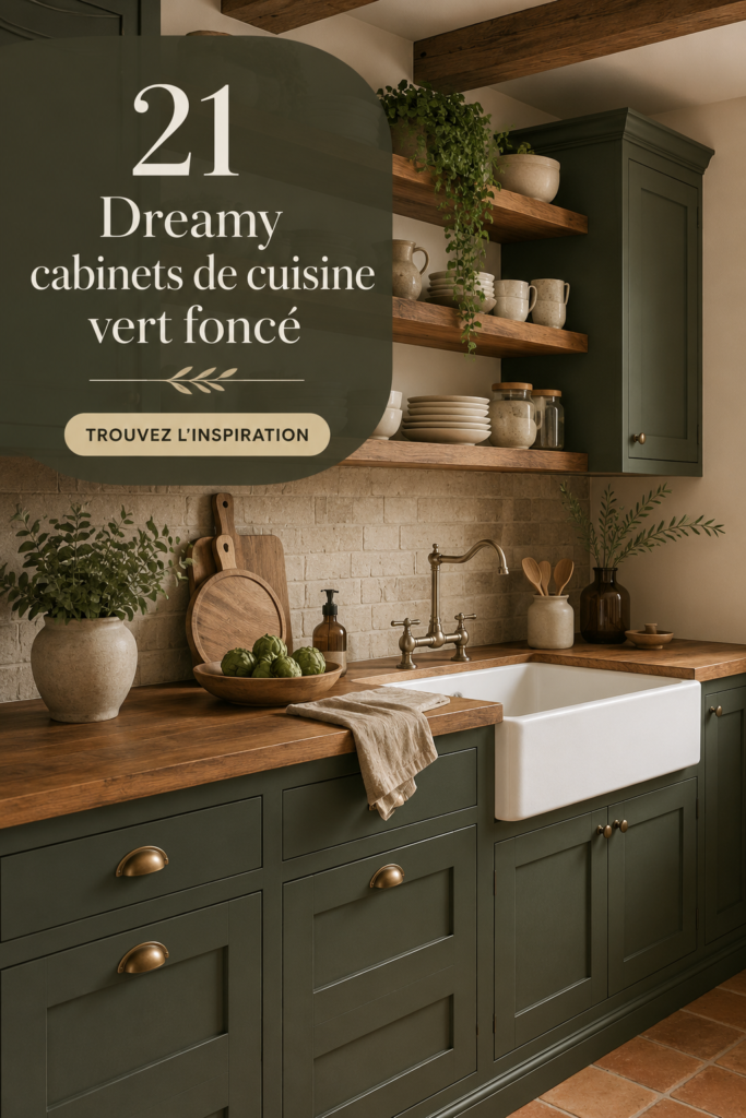 Cuisine moderne avec des armoires vert foncé et un plan de travail lumineux.