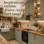 Cuisine moderne en vert sauge avec des armoires en bois