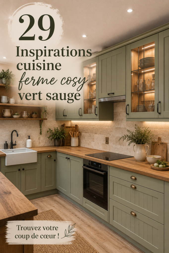 Cuisine moderne en vert sauge avec des armoires en bois