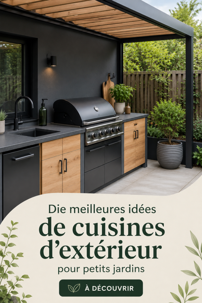Cuisine d'extérieur lumineuse et pratique dans un petit jardin