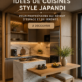 Une cuisine Japandi bien aménagée, avec des lignes épurées et des matériaux naturels.