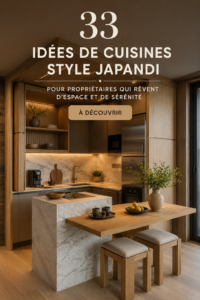 Une cuisine Japandi bien aménagée, avec des lignes épurées et des matériaux naturels.