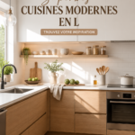 Cuisine moderne en L avec îlot central et éclairage moderne.