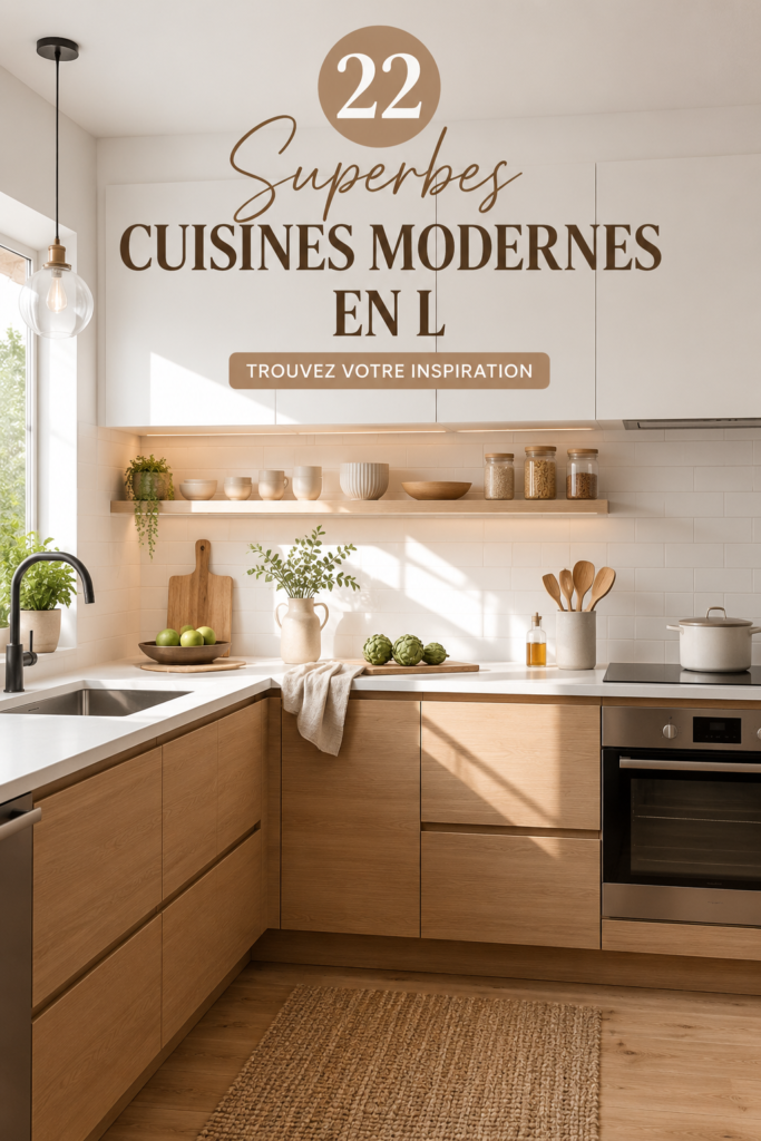 Cuisine moderne en L avec îlot central et éclairage moderne.