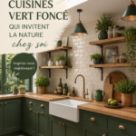 Cuisine moderne avec des accents de vert profond, créant une ambiance naturelle.