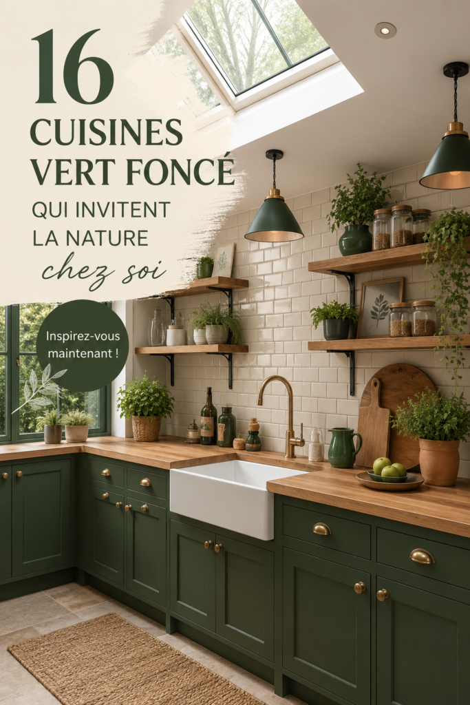 Cuisine moderne avec des accents de vert profond, créant une ambiance naturelle.
