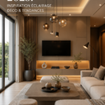 Salon moderne avec une décoration tendance et un éclairage chaleureux pour 2025.