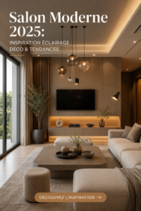 Salon moderne avec une décoration tendance et un éclairage chaleureux pour 2025.