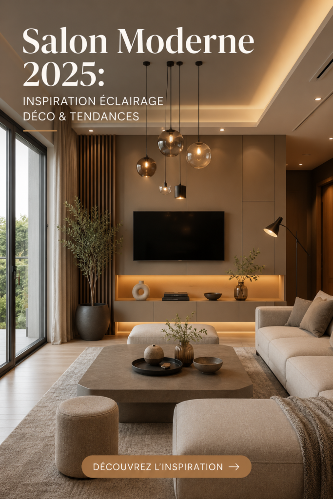 Salon moderne avec une décoration tendance et un éclairage chaleureux pour 2025.
