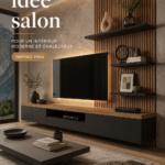 Un salon moderne avec un meuble TV en bois et une ambiance chaleureuse.