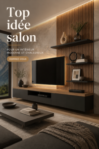 Un salon moderne avec un meuble TV en bois et une ambiance chaleureuse.