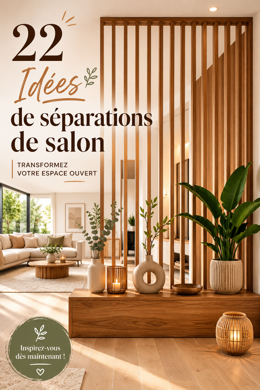 Un salon moderne avec une cloison séparative en bois et verre